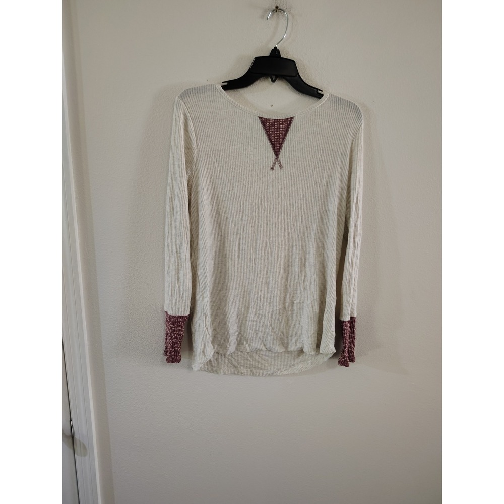 Staccato Womens Ribbed Knit Long Sleeve Top Cream Burgundy Accent Size M 14035